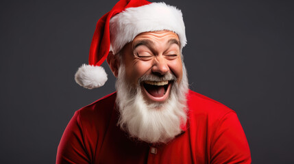 A joyful man wearing a Santa hat, and a formal suit standing against a grey background, exuding a warm Christmas spirit.