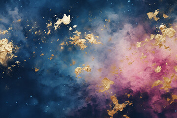 Abstract blue background with blue, pink, and gold particles. Desktop background. Screen saver.
