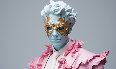 A male fashion model wearing a mask, in the style of baroque-inspired sculptures.