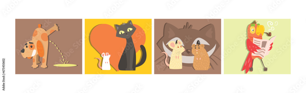 Poster funny pets with action and emotion vector set