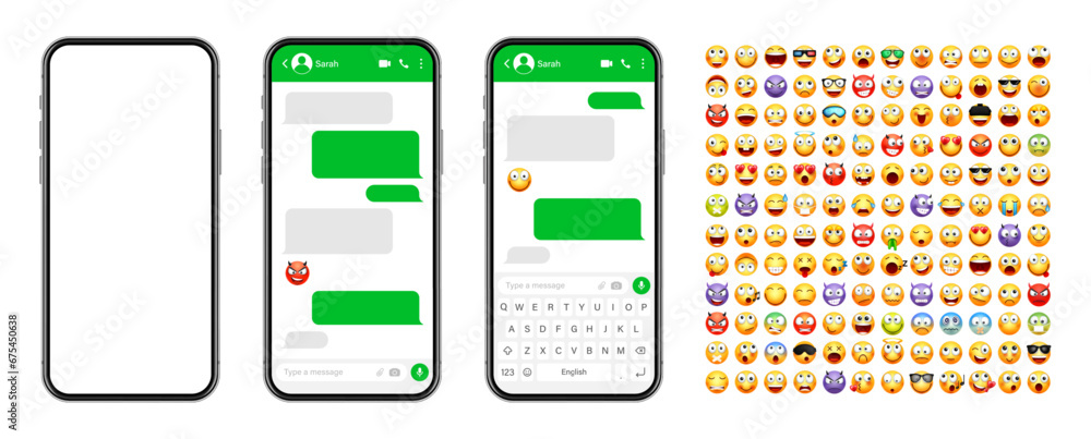 Fototapete smartphone messaging app, user interface design with emoji. sms text frame. chat screen with green m