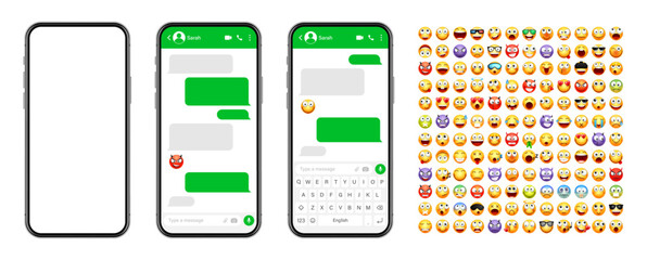 Smartphone messaging app, user interface design with emoji. SMS text frame. Chat screen with green message bubbles. Texting app for communication. Social media application. Vector illustration