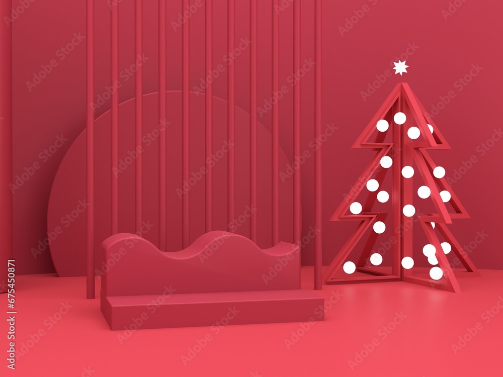 Aufkleber minimal christmas scene with podium and tree on an abstract background. geometric shapes. magenta co