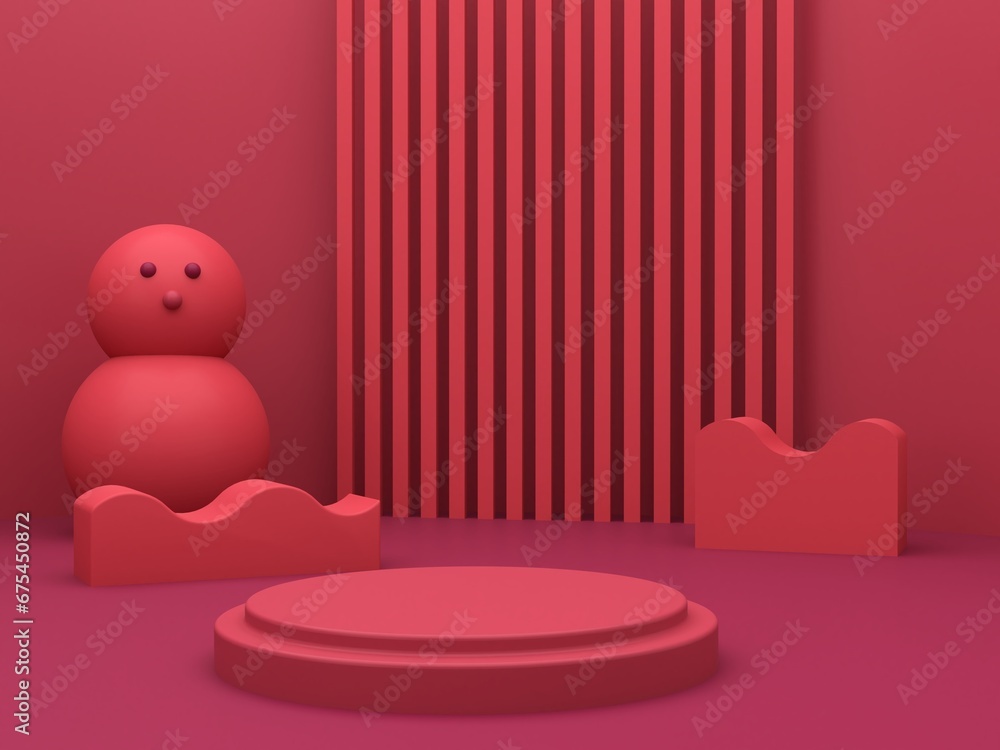 Poster minimal christmas scene with podium and snowman on an abstract background. geometric shapes. magenta