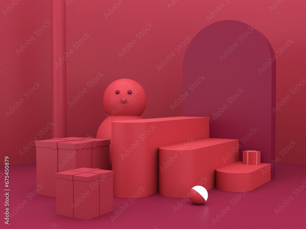 Poster minimal christmas scene with podium and snowman on an abstract background. geometric shapes. magenta