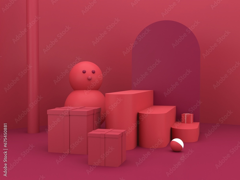 Poster minimal christmas scene with podium and snowman on an abstract background. geometric shapes. magenta