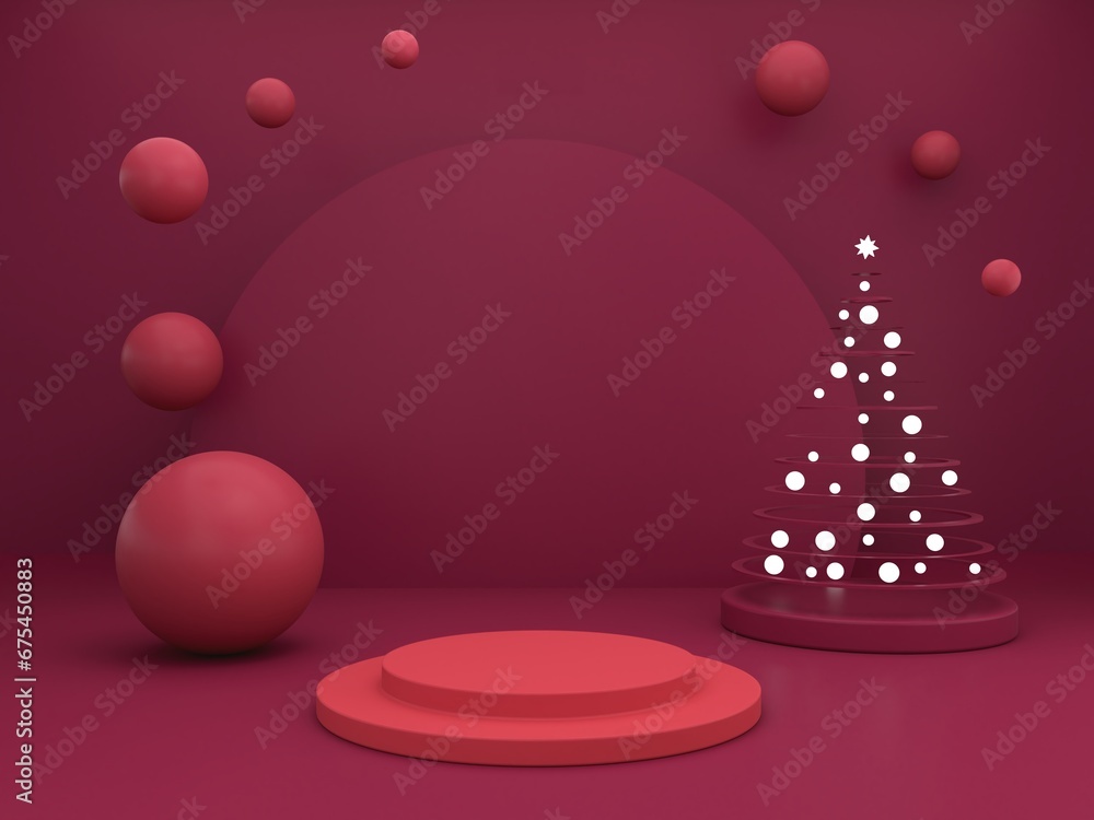 Aufkleber minimal christmas scene with podium and tree on an abstract background. geometric shapes. magenta co