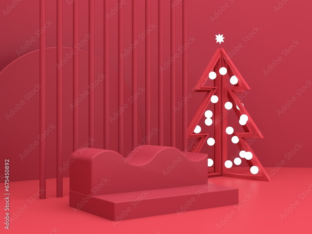 Aufkleber minimal christmas scene with podium and tree on an abstract background. geometric shapes. magenta co