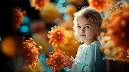 Flu and cold season in children. A little girl next to microbes, viruses and bacteria.