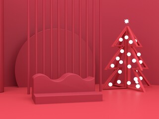 Minimal christmas scene with podium and tree on an abstract background. Geometric shapes. Magenta colors, winter scene with geometrical forms  for product presentation. 3d render. 