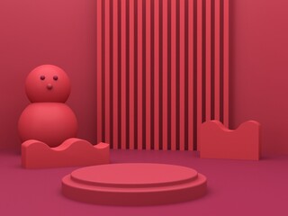 Minimal christmas scene with podium and snowman on an abstract background. Geometric shapes. Magenta colors, winter scene with geometrical forms  for product presentation. 3d render. 