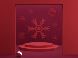 Minimal christmas scene with podium and snowflakes on an abstract background. Geometric shapes. Magenta colors, winter scene with geometrical forms  for product presentation. 3d render. 