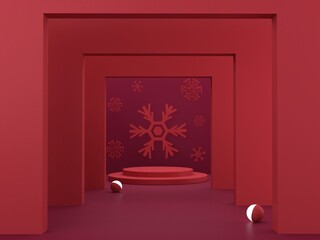 Minimal christmas scene with podium and snowflakes on an abstract background. Geometric shapes. Magenta colors, winter scene with geometrical forms  for product presentation. 3d render. 