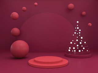 Minimal christmas scene with podium and tree on an abstract background. Geometric shapes. Magenta colors, winter scene with geometrical forms  for product presentation. 3d render. 
