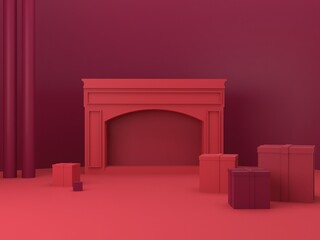 Minimal christmas scene with fireplace and gifts on an abstract background. Geometric shapes. Magenta colors, winter scene with geometrical forms  for product presentation. 3d render. 