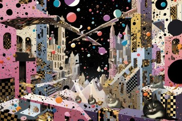 conceptual artistic illustration with multicolored imaginary cityscape