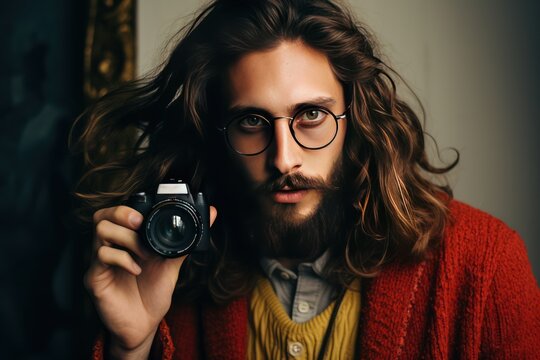 portrait of a hipster man playing with small photo-camera