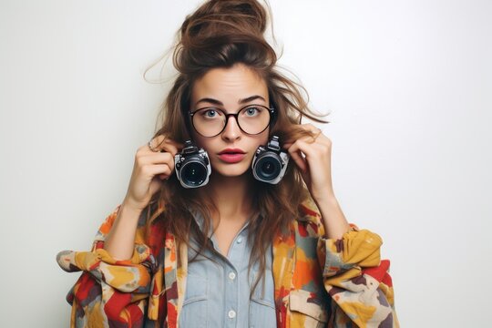 portrait of a hipster girl playing with two small photo-cameras