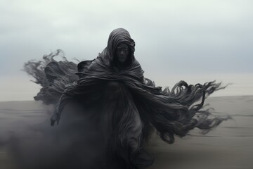 the scary black ghost flowing like a ash moving through lifeless desert, conceptual illustration - obrazy, fototapety, plakaty