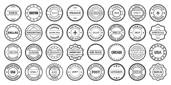 Post stamps, labels and badges. Grunge imprints and postmarks. Vintage circle postcard watermarks. Used envelope design elements. Vector illustration