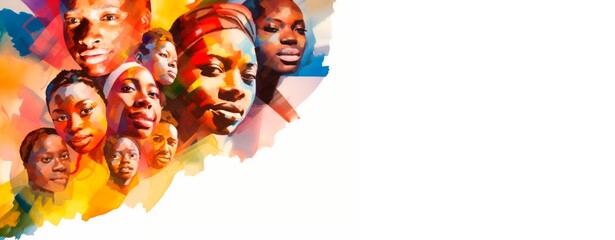 Black History Month colourful abstract illustration. Group of  black people, racial equality, civil and justice racism and discrimination, white background, copy space for text, banner card background - obrazy, fototapety, plakaty