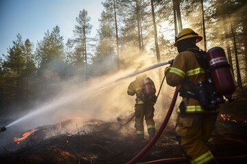 Naklejka premium Firefighters use water to combat wildfire in forest working diligently. Crews of firefighters use water and foam to tackle forest wildfire striving to control fire using variety of methods
