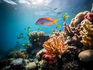 Fototapeta na wymiar Tropical Fish Exploring Coral Reefs, Generative AI