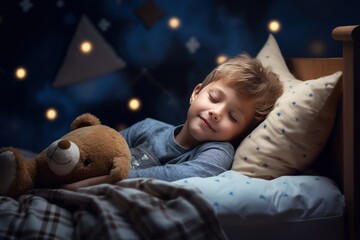 little boy sleeping on the bed, cozy interior of a childs bedroom