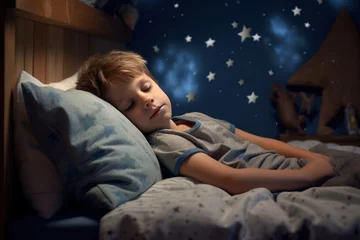 Foto op Canvas little boy sleeping on the bed, cozy interior of a childs bedroom © whitehoune