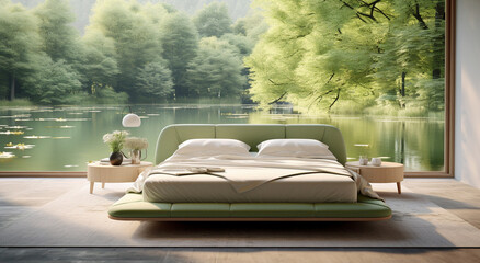 A clean and comfortable hotel accommodation room with a neat twin bed in a white and  emerald green theme. Generative AI.