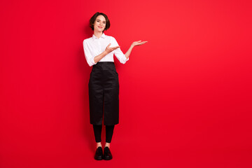 Full size photo of optimistic nice brunette hair lady point empty space wear shirt pants isolated...