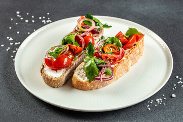 Sandwich with cottage cheese, tomatoes and basil, Delicious balanced food concept, place for text,...