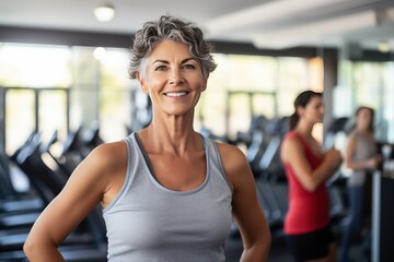 Fototapeta na wymiar Diverse collection of individuals from different cultures working out in fitness studio. Smiling middle aged fit woman come to exercise in fitness studio.