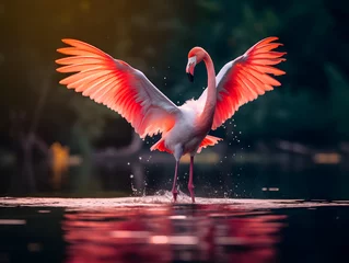 Fototapeten Multicolored Flamingo in Dance by Lake, Generative AI © Niko