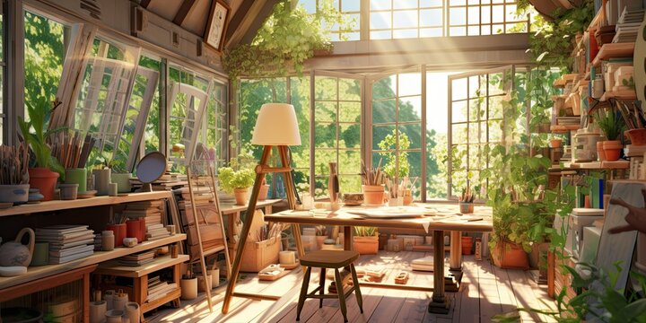Interior of an atelier, paintings and sketches stuck to the wall, windows with wooden frames, colours, markers and other tools scattered on the shelves.