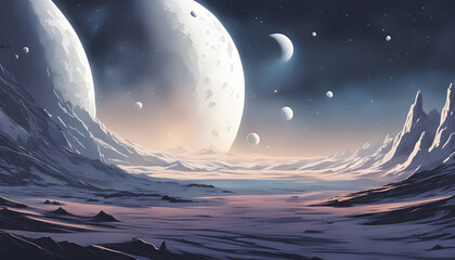 Space landscape with moons and planet surface.