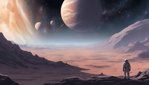 Space landscape with planets and wasteland surface and astronaut. Wallpapers. Background.