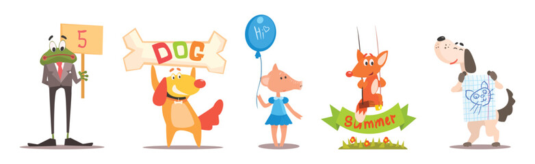 Funny Animal and Pet with Various Message on Placard Vector Set