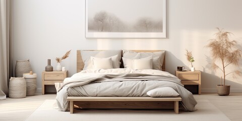 Home mockup, cozy Scandinavian bedroom interior, 3d render