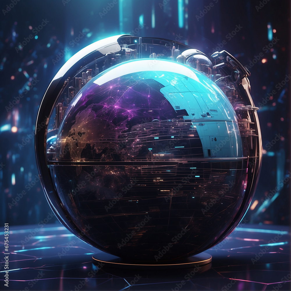 Poster the futuristic world of data technology through a stunning hologram of a planet, rendered in a sleek