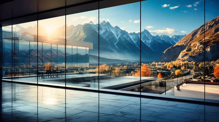 Foto op Canvas Stunning contrast between modern glass structures and rugged mountains, symbolizing architectural coexistence © MDRAKIBUL