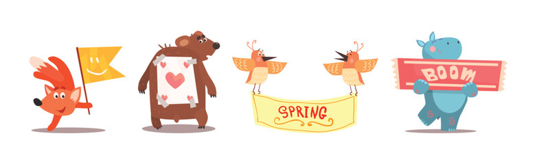 Funny Animal and Pet with Various Message on Placard Vector Set