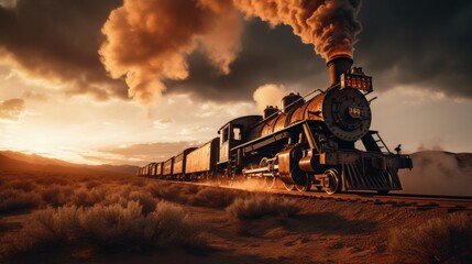 Against the background of desert dunes, a rusty coal freight train drives through the desert with steam pouring from the engine.
