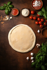 empty rolled out pizza dough with pizza mozzarella ingredients (cheese, tomato, basil) minimalistic brown background, with empty copy space, top view