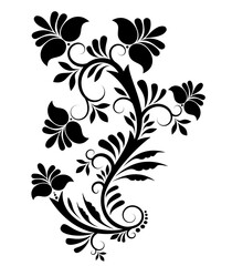 Decorative black silhouette on a white background. Pattern of flowers, leaves, curls, dots. Floral design element.