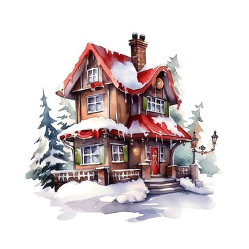 Christmas houses. Watercolor, PNG. Christmas House Clipart, Watercolor Christmas Village AI Generated.