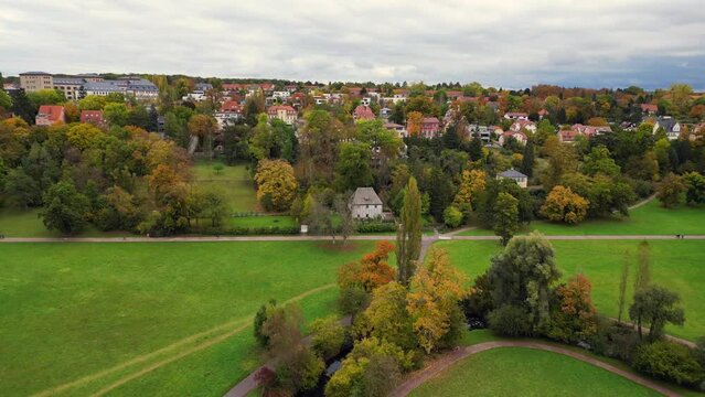 Best aerial top view flight drone. Weimar garden house goethe park german fall