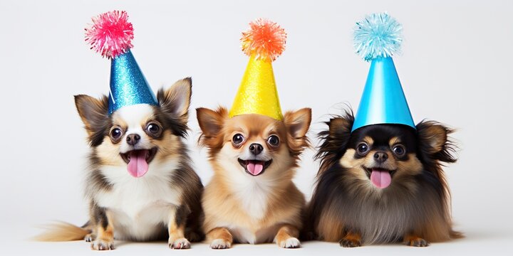 Three Chihuahuas in sparkling festive hats happily posing against a white background.