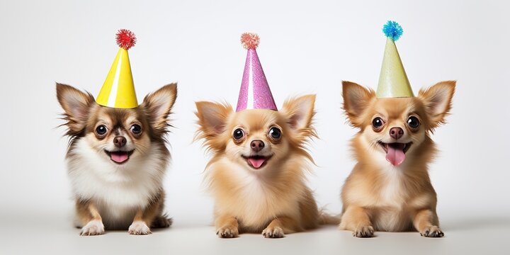 Three Chihuahuas in festive hats posing against a white background, exuding joy and merriment.