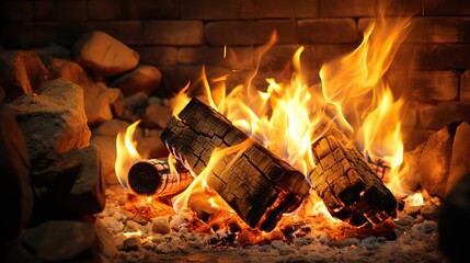 Close up Photo of a Fireplace with Logs Burning and Warming and Illuminating the Interior. Winter Days, Cold Day of December.